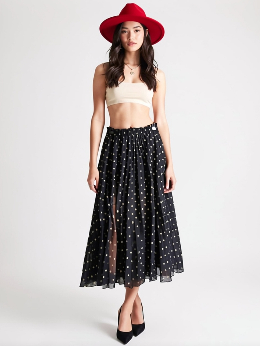 M💥Gold Polka Dot Pleated Midi Skirt for Cocktail Events - Picture 2 of 11